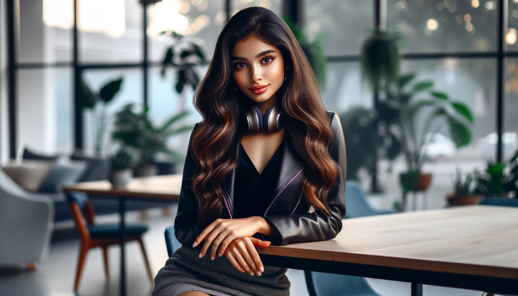 DALL·E 2023-12-14 12.59.19 - 4K RAW photos of a 23-year-old, fair-skinned North Indian woman named Komal, with a charming, delicate face, posing in her contemporary study room. Sh.png